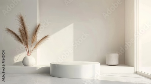 Minimalist white podium in a Scandinavian interior, clean lines for modern home goods