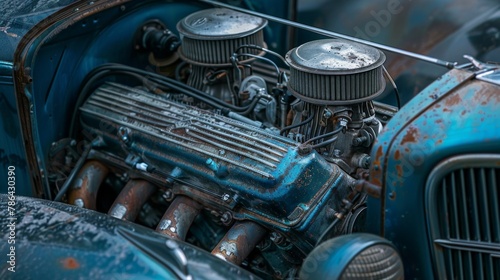 Old car engine. Motor and mechanism closeup