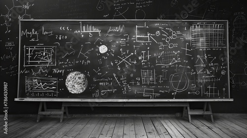 A blackboard filled with various writings, notes, and diagrams.