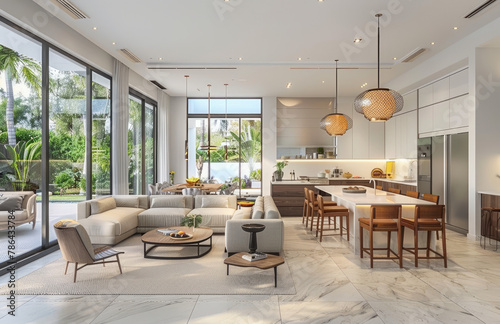 an open plan modern home interior, bright and airy in style with neutral tones, white walls, light grey floor tiles, large windows, sliding doors to the backyard