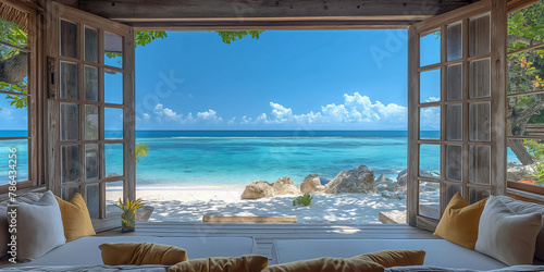Offenes Fenster oder Tür mit Meerblick,Cocoa Island, South Male Atoll, Seychelles