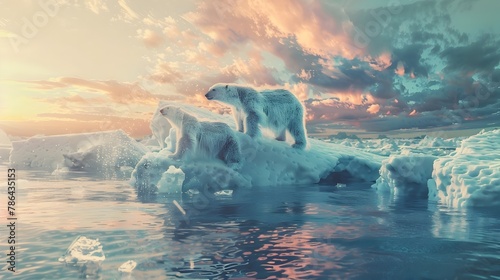 Polar Bear on Shrinking Iceberg Amid Vibrant Sunset Reflecting in the Melting Sea,Portraying Climate Crisis