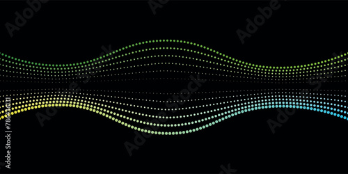 Flowing dot particles light wave pattern halftone blue and green gradient smooth curve shape isolated on black background. Vector in concept of technology, science, music,