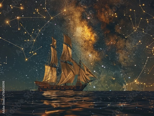 A constellation map guiding an ancient navigator across the galaxy, set against a backdrop of a majestic sailing ship