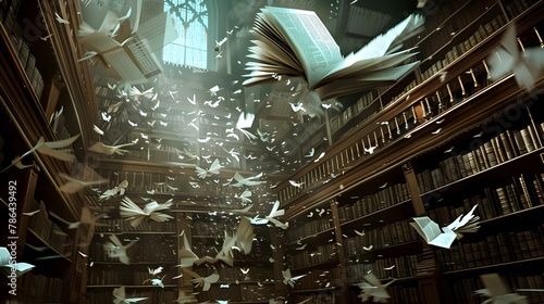 Ethereal Library of Floating Books in Graceful Dance of Pages Fluttering Through the Air in Surreal Tranquility
