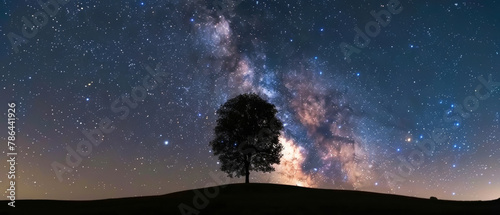 A vast Milky Way galaxy spans overhead, creating a natural stardust canopy above the serene landscape and a lone silhouette tree.