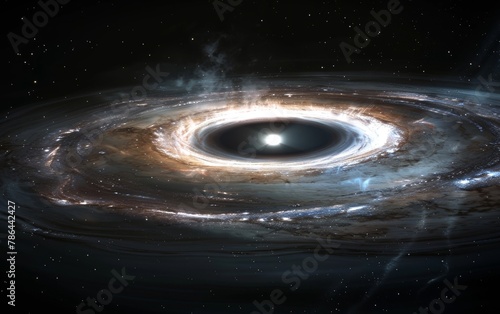 Artist's concept of a luminous black hole at the center of a galaxy, its accretion disk glowing brightly from energetic processes.