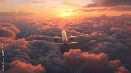 Air plane flying above clouds against sun light of sunset sky background.