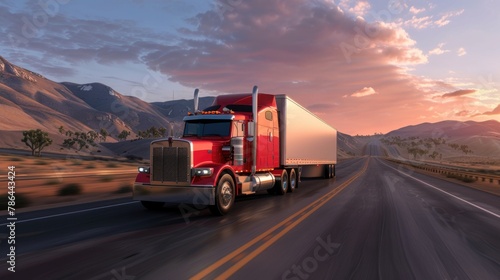 A semi truck with white trailer driving on an open highway at sunset.