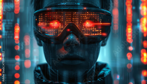 A man wearing a pair of goggles with red eyes staring at the camera by AI generated image