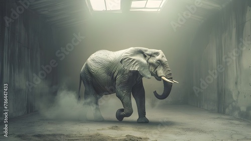 Elephant Traversing Enigmatic Hallway in Atmospheric Fog