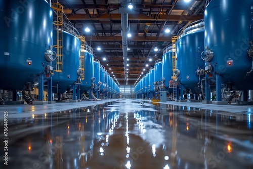 An engineering marvel, the warehouse is filled with electric blue tanks and pipes, showcasing symmetry and composite material usage in a city building