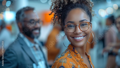 A woman with vision care glasses is smiling happily in front of a man in a suit at a fun event, sharing a moment of fashion design and eyewear trends