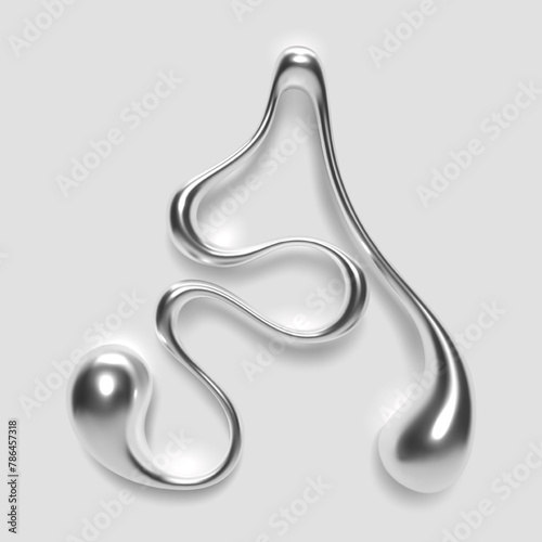 3D melted liquid metal letter A, English alphabet, with glossy reflective surface, abstract fluid droplet shape, silver or chrome gradient. Isolated vector letter for Y2K design font