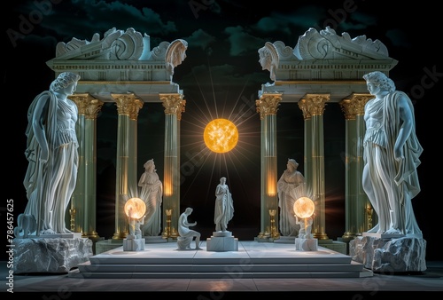Avant-garde stage set with classical statuary and architectural elements, illuminated by glowing globes. From the series “Art Film - Color.”