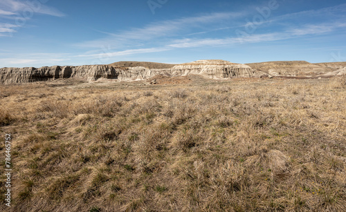 Grasslands and eroded badlands at Red Rock Coulee near Seven Persons, Alberta, Canada