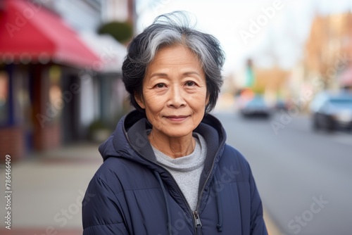 Portrait of a tender asian woman in her 70s wearing a zip-up fleece hoodie in front of charming small town main street