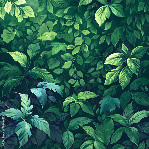 Lush Green Foliage Pattern of Dense Jungle Leaves