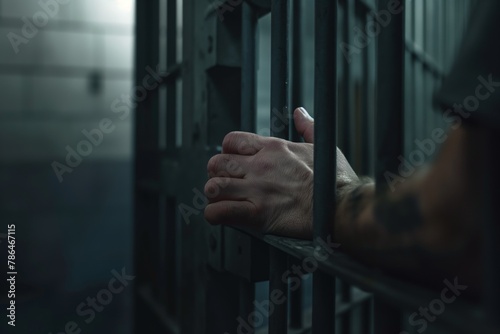 Close-up of the hands and wrists in prison, holding onto the bars with their hands, crime and punishment, violation of the law and consequences, a prisoner in prison