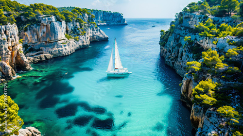 Mediterranean gulf. Blue, azure, green sea with a sailing boat