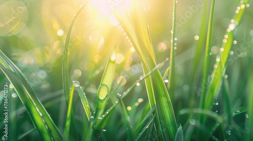 Lush green blades of grass with transparent water drops on meadow close up. Fresh morning dew at sunrise. Panoramic spring nature background.
