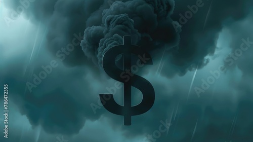 Conceptual image of a black dollar sign emerging from stormy clouds, symbolizing financial uncertainty.