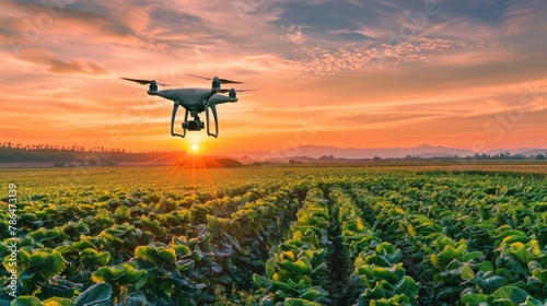 An industrial drone flies over a green field and sprays useful pesticides to increase productivity and destroys harmful insects.