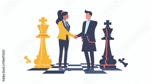 Businessmen firmly shaking hands standing on giant chess