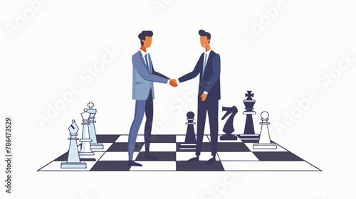Businessmen firmly shaking hands standing on giant chess