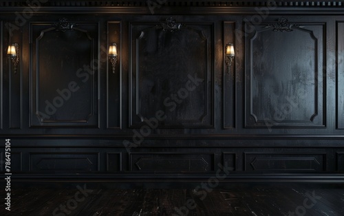 A grand and sophisticated dark wood paneled interior with ornate moldings, sconces, and recessed frames, creating a dramatic and high-end ambience.