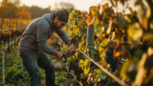 An action shot of a young farmer pruning grapevines in a vineyard, preparing for wine production.