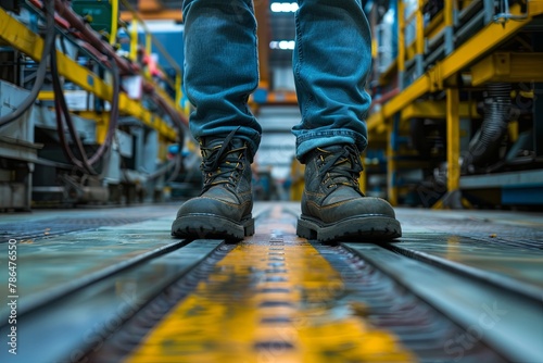 Worker wearing safety boots in industrial factory