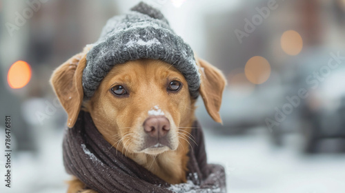 Süßer Mischlingshund mit Strickmütze im Schnee schaut in die Kamera für Poster im Querformat, ai generativ