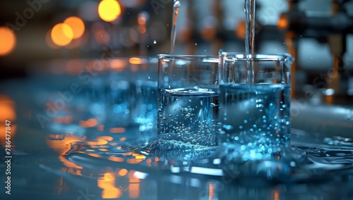 Electric blue liquid is being poured into two drinkware glasses on a table in the city. The event involves drinking water