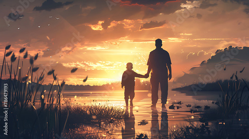 A picture of boy walks with his father on father's day