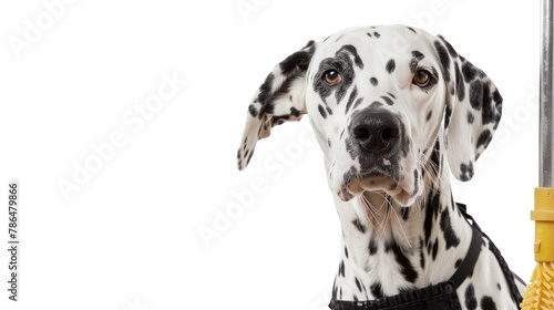 Dalmatian dog wearing an apron and cleaning with a mop White background