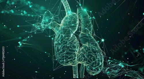 A 3D rendering of a pair of lungs made out of glowing green particles.