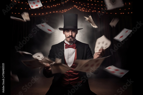 Illusionist magician in top hat and suit in circus tent