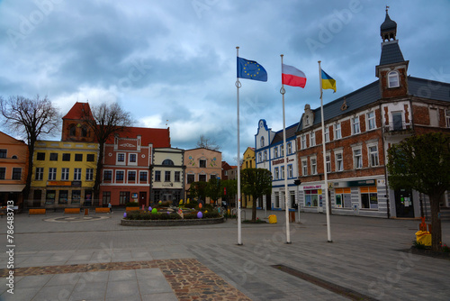 market square with colorful houses in Puck. Poland