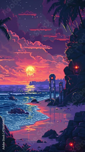 Craft a pixel art composition showcasing two mechanical legs strolling across a sandy shore in a retro-future world, with glowing digital waves washing up