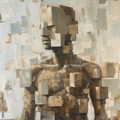 Craft an oil painting of a humanoid figure made up of cubes in various sizes Capture the intricate details of each cube forming the body parts realistically Ensure the cubes are proportionate and visu
