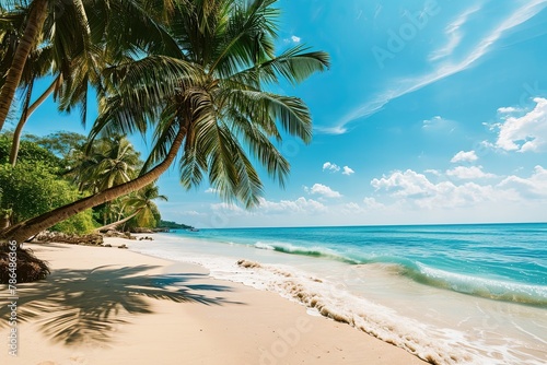 Sunny summer beach with palms, sea and tropical island