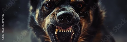 Aggressive dog with a close-up shot focusing on its bared teeth