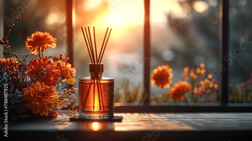  A bottle of reeds on the table, beside a vase filled with flowers, and a window in the background