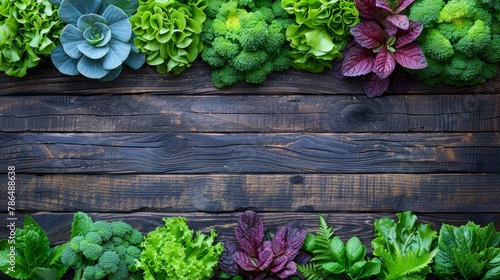  A wooden table is adorned with an array of vibrant flowers – mostly green and some purple – alongside broccoli and lettuce
