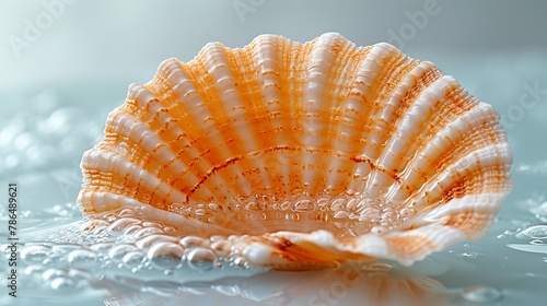  A tight shot of a seashell submerged in water, with beads of H2O clinging to its bottom and edge