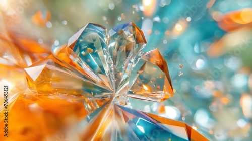 Bunte fliegende leuchtende Glas Teile explodieren als Hintergundmotiv im Querformat für Banner, ai generativ