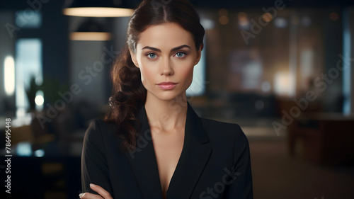 Immerse yourself in the corporate atmosphere as a young, accomplished businesswoman captures attention with her confident gaze and professional demeanor, portrayed with remarkable realism in HD