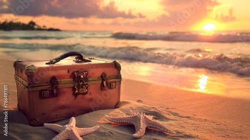 Luggage open on a sandy beach, waves lapping near, starfish by waters edge, island silhouette at sunset, soft orange light