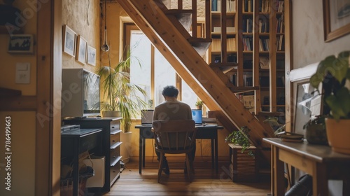 Freelancer working diligently in a peaceful, well-lit home nook with wooden accents and plants
